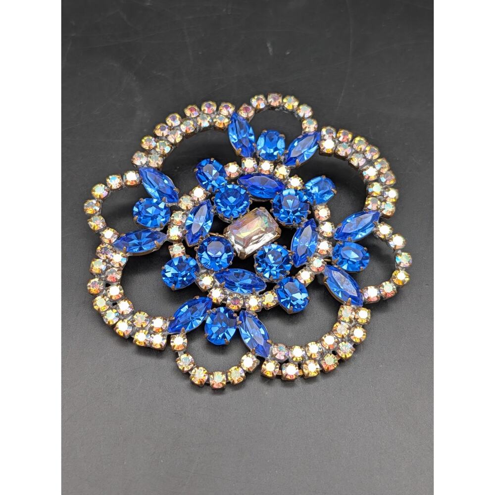 Vintage BIJOUX MG Large Blue Rhinestone Flower Aurora Borealis 3" Brooch/Pin